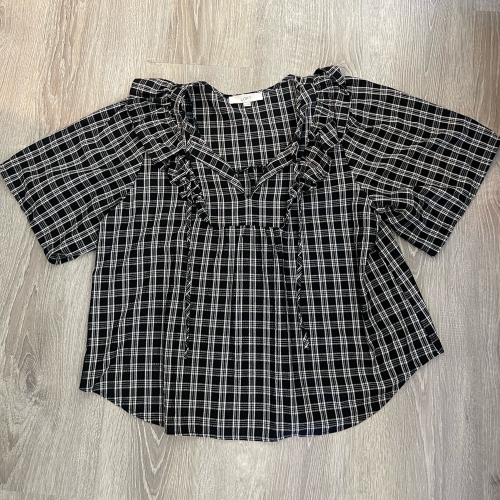 LOFT Black and White Plaid Ruffled Neck Blouse